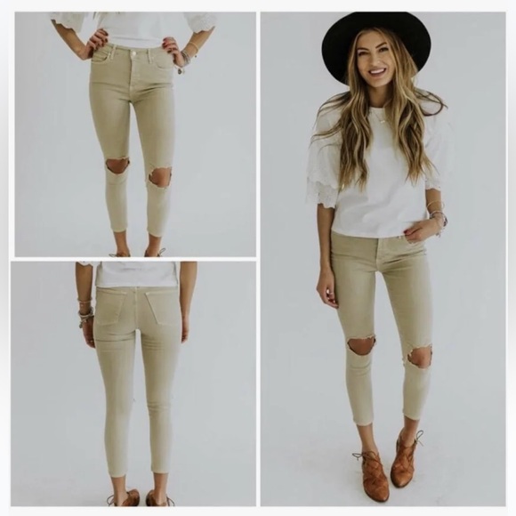 Free People Busted Knee Skinny Jeans Khaki Tan 25 - Picture 8 of 9